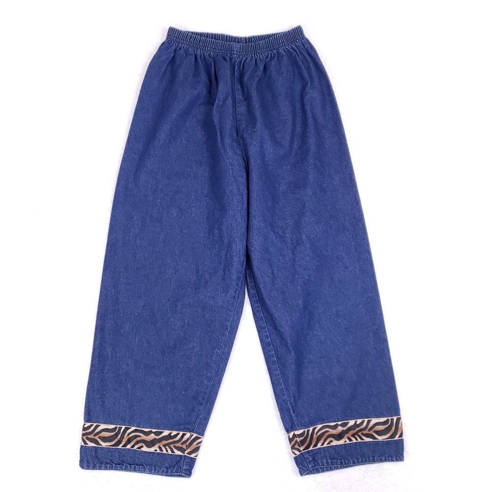 Vintage 90s Elastic Waist Denim‎ Pants M Blue Animal Print Cuff Boho Retro USA